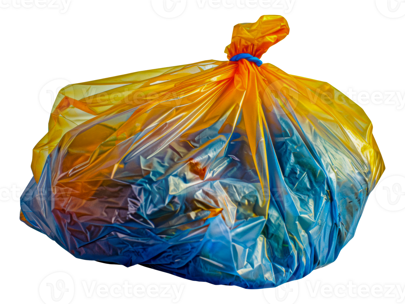 A yellow plastic trash bag with blue liner filled with waste, cut out - stock png. png