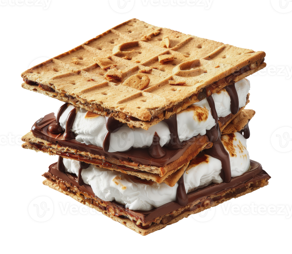 Three-layer graham cracker smores with chocolate drizzle, cut out - stock png. png