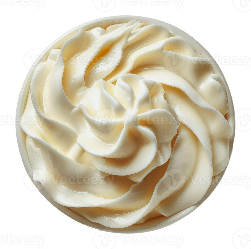 Whipped cream topping in white bowl, cut out - stock png. png