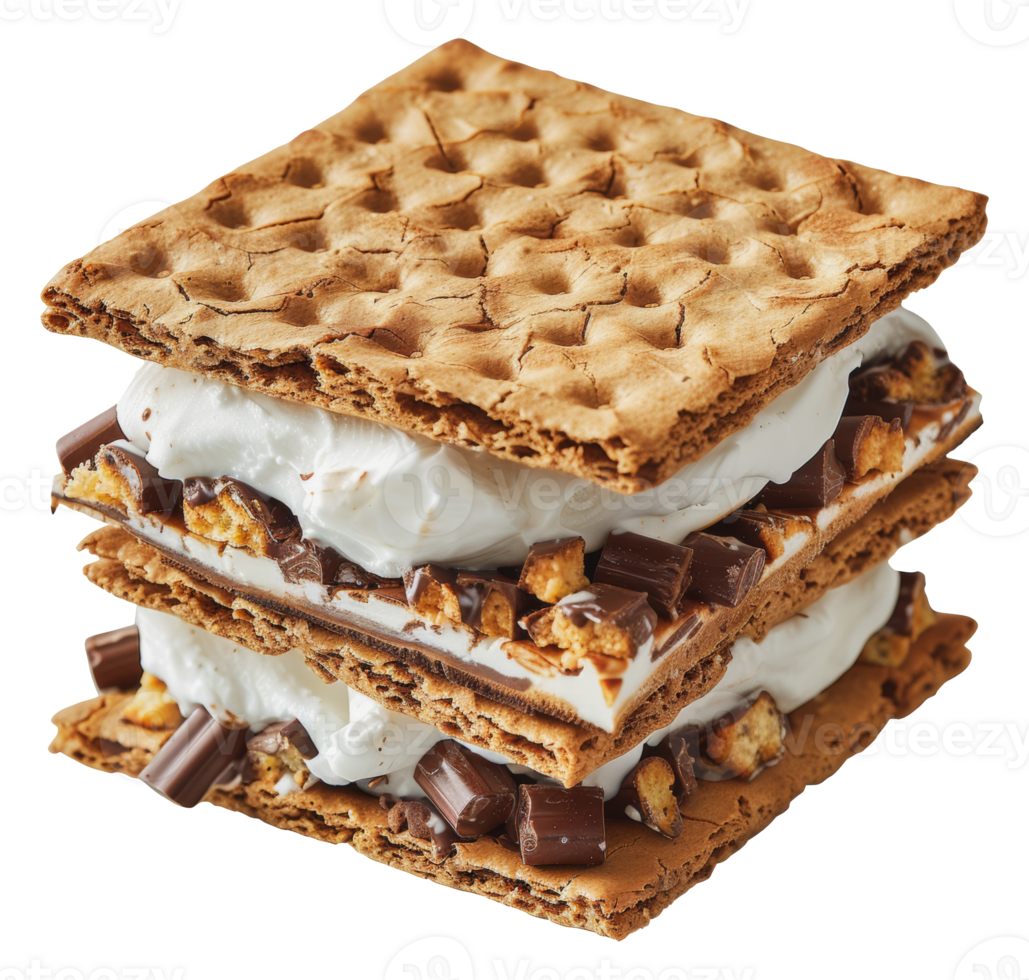Triple layer graham cracker smores with chocolate and whipped cream, cut out - stock png. png