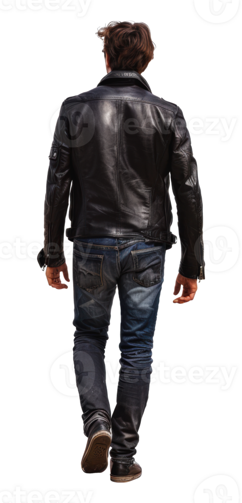 Man walking away in black leather jacket and jeans, cut out - stock png. png