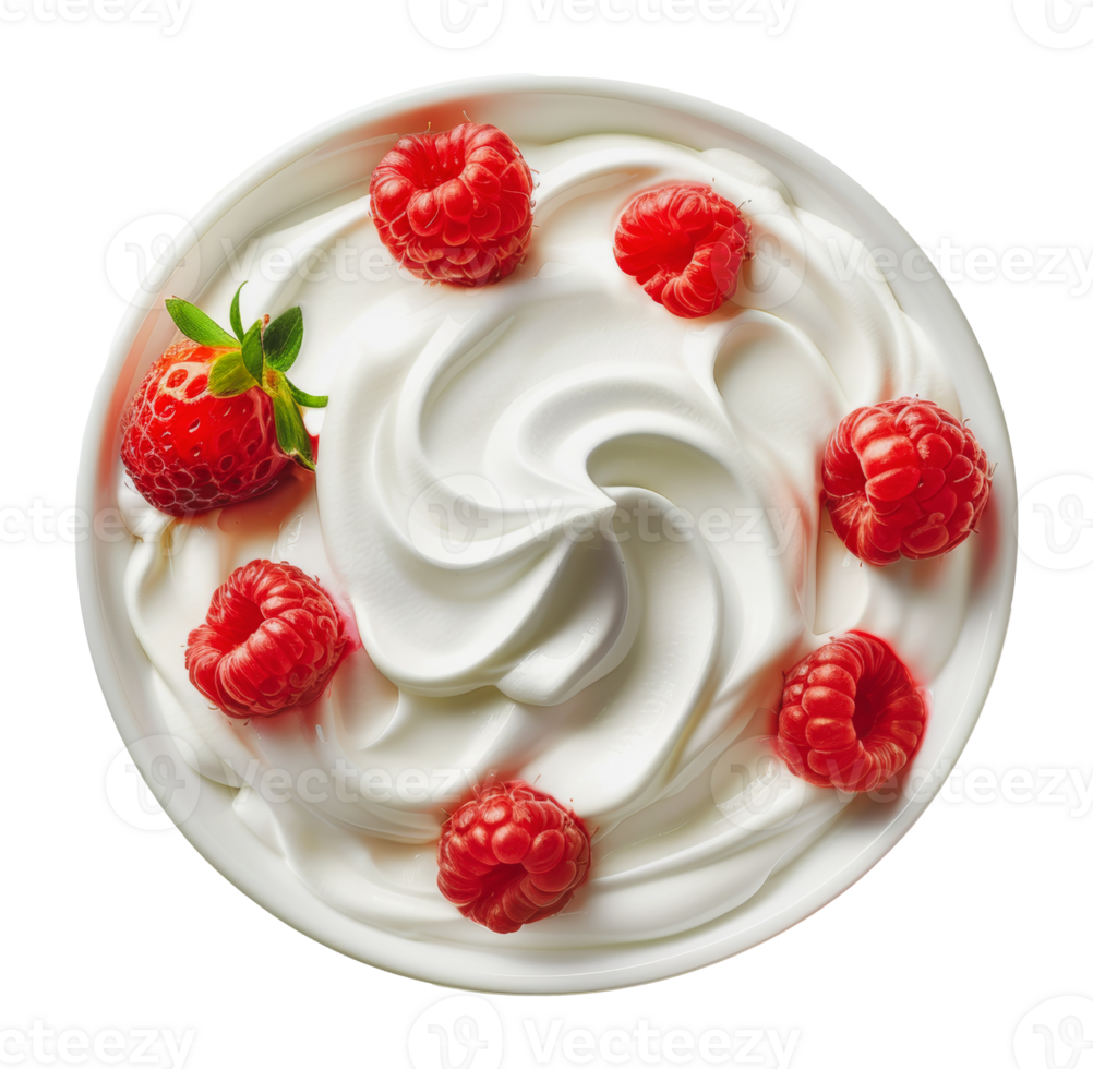 Whipped cream and berries in bowl for dessert, cut out - stock png. png