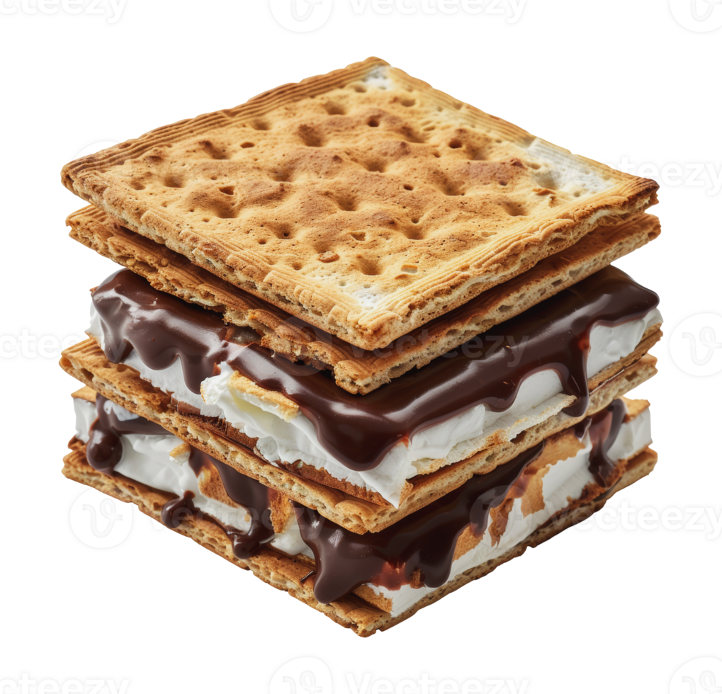 Close-up of a stacked smore with melted chocolate and marshmallow, cut out - stock png. png