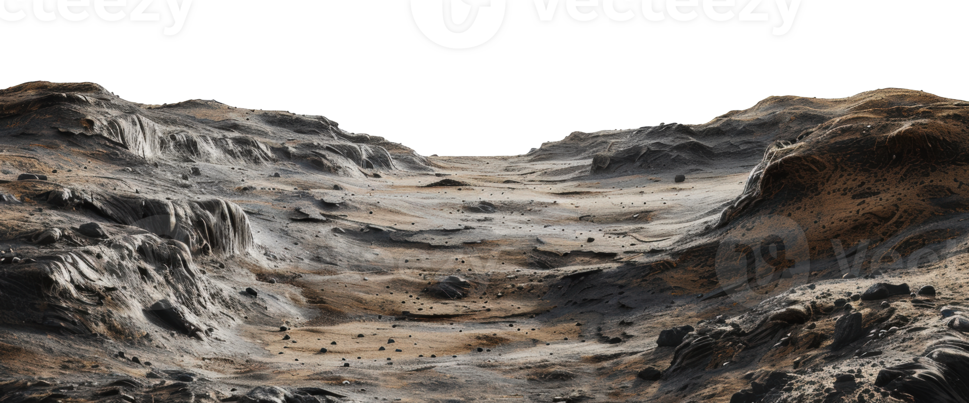 Rocky landscape with grey and brown terrain, cut out - stock png. png