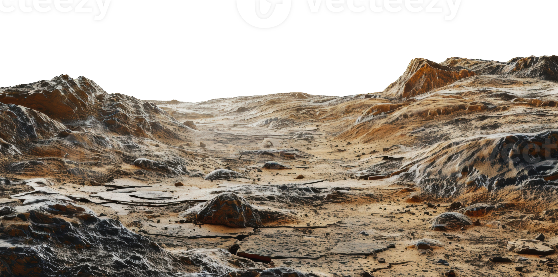 A view of a rocky, dry desert landscape under a bright, white sky, cut out - stock png. png