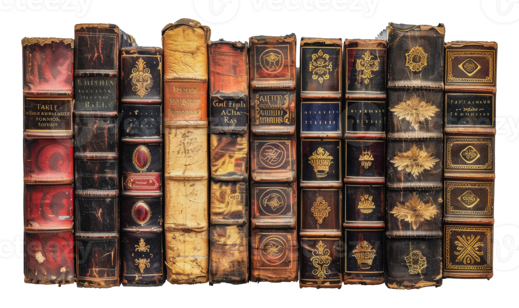 Row of antique leather-bound books with ornate details, cut out - stock png. png