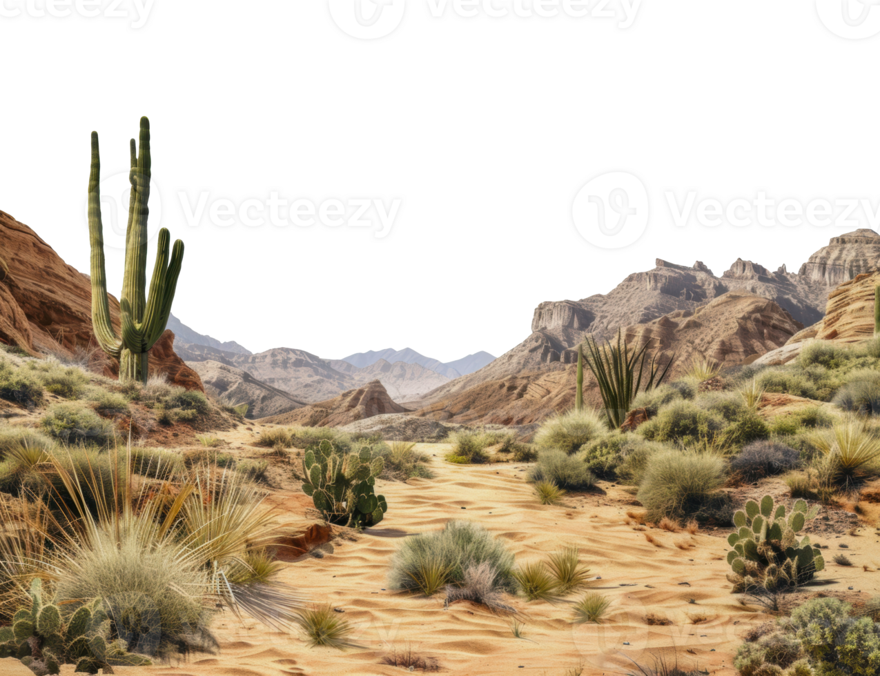 Saguaro cactus growing in desert valley with mountain range, cut out - stock png. png