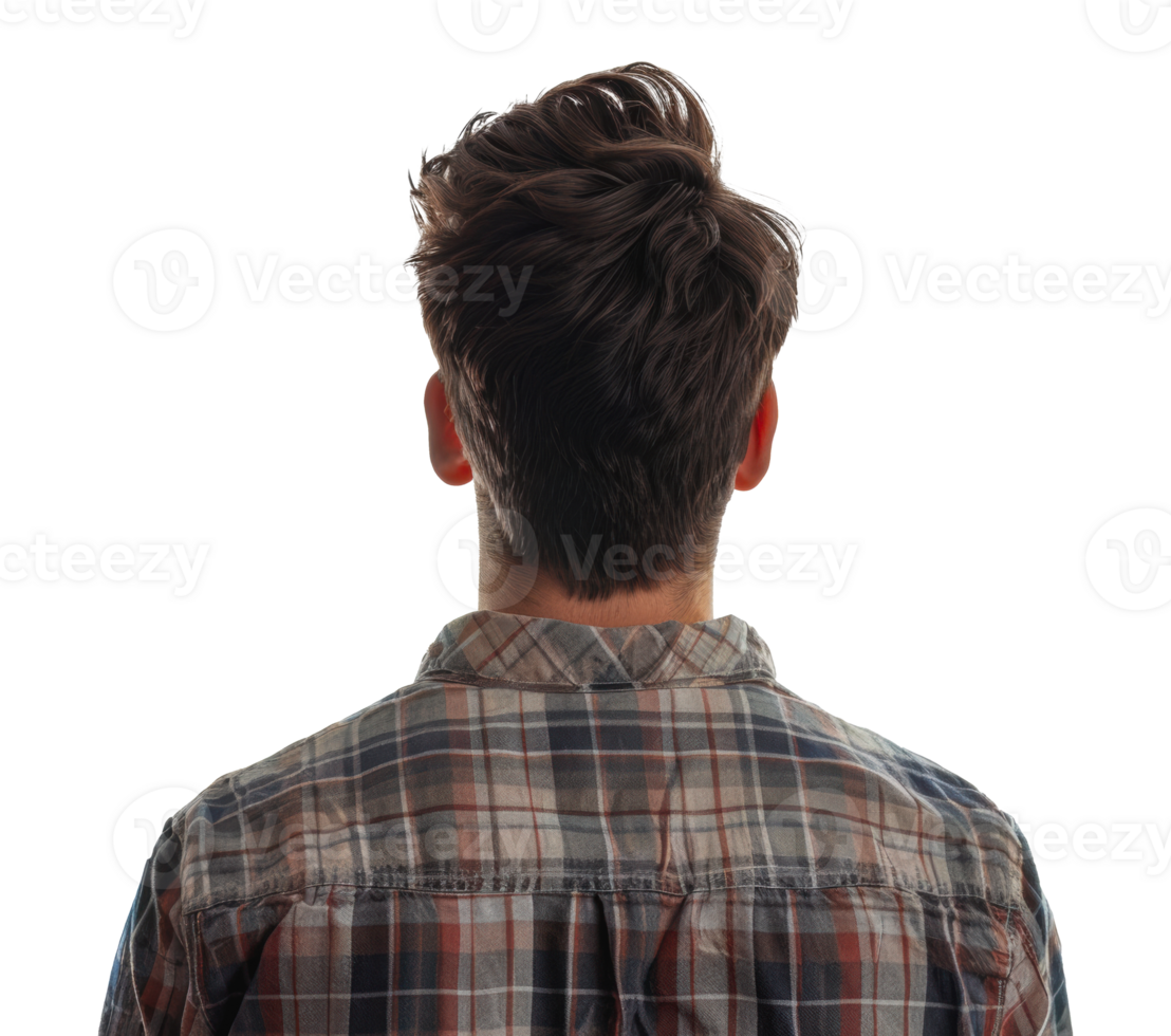 Rear view of a man in a plaid shirt looking away, cut out - stock png. png