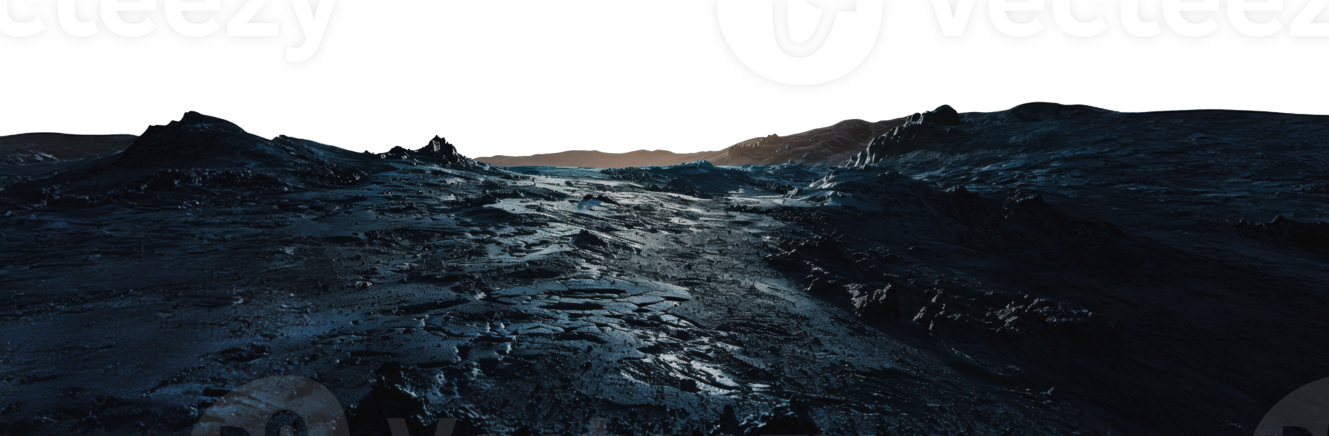 A dark and rocky landscape with a distant horizon, cut out - stock png. png