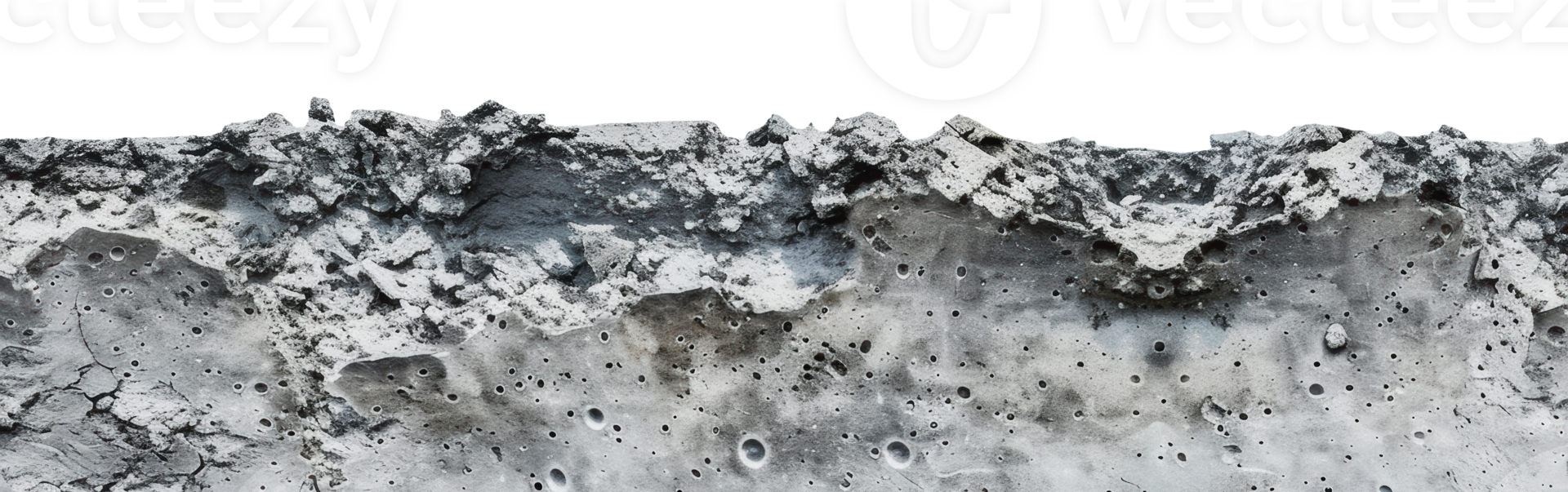 Close up of rough grey concrete texture with irregular surface and holes, cut out - stock png. png