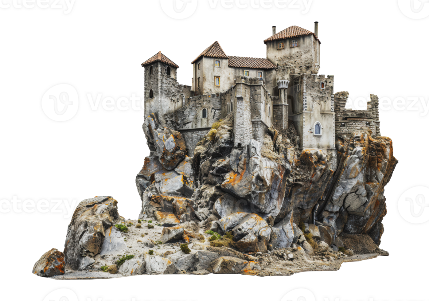 A stone castle perched on a cliffside in the daytime, cut out - stock png. png
