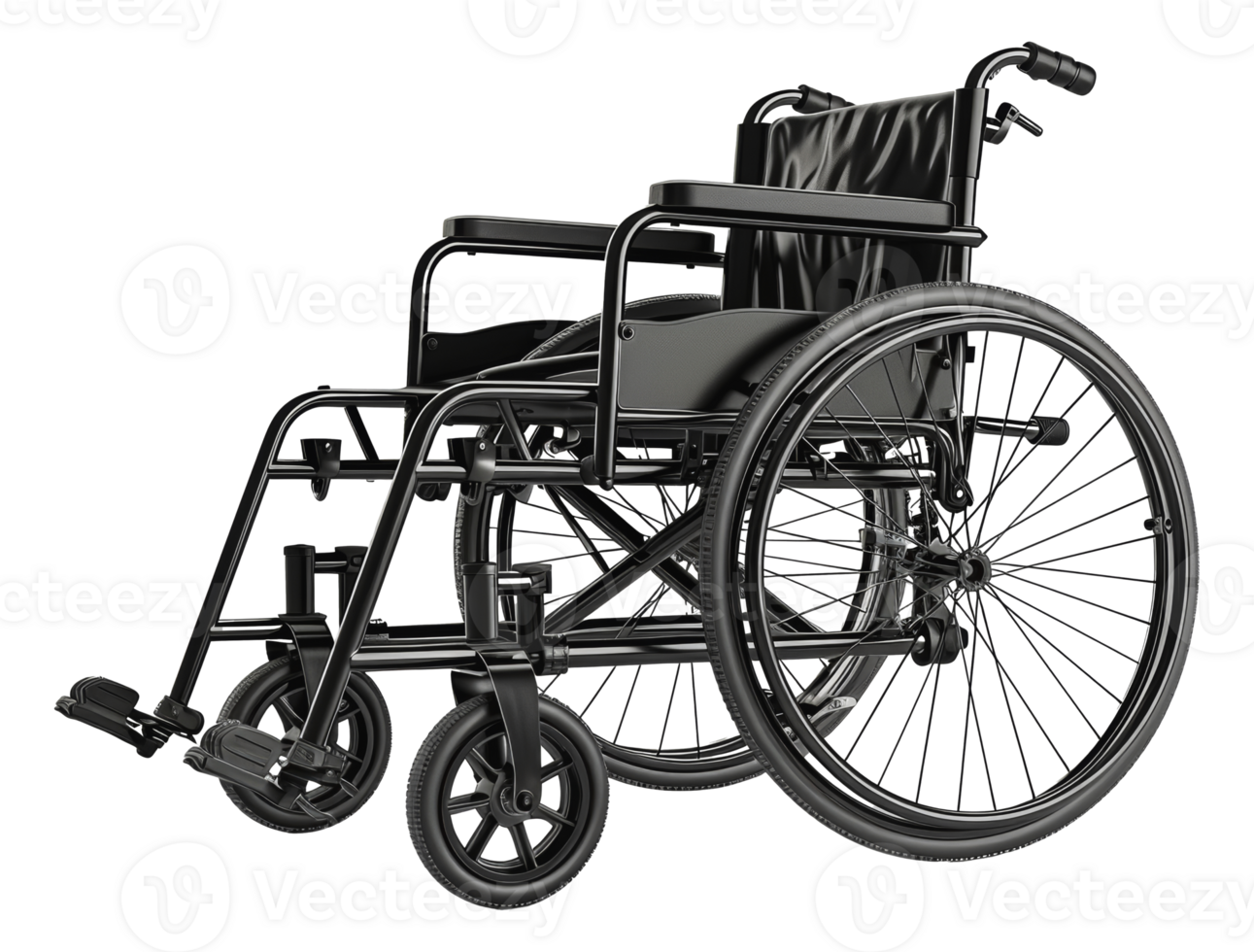 Black wheelchair with black upholstery and spokes, cut out - stock png. png