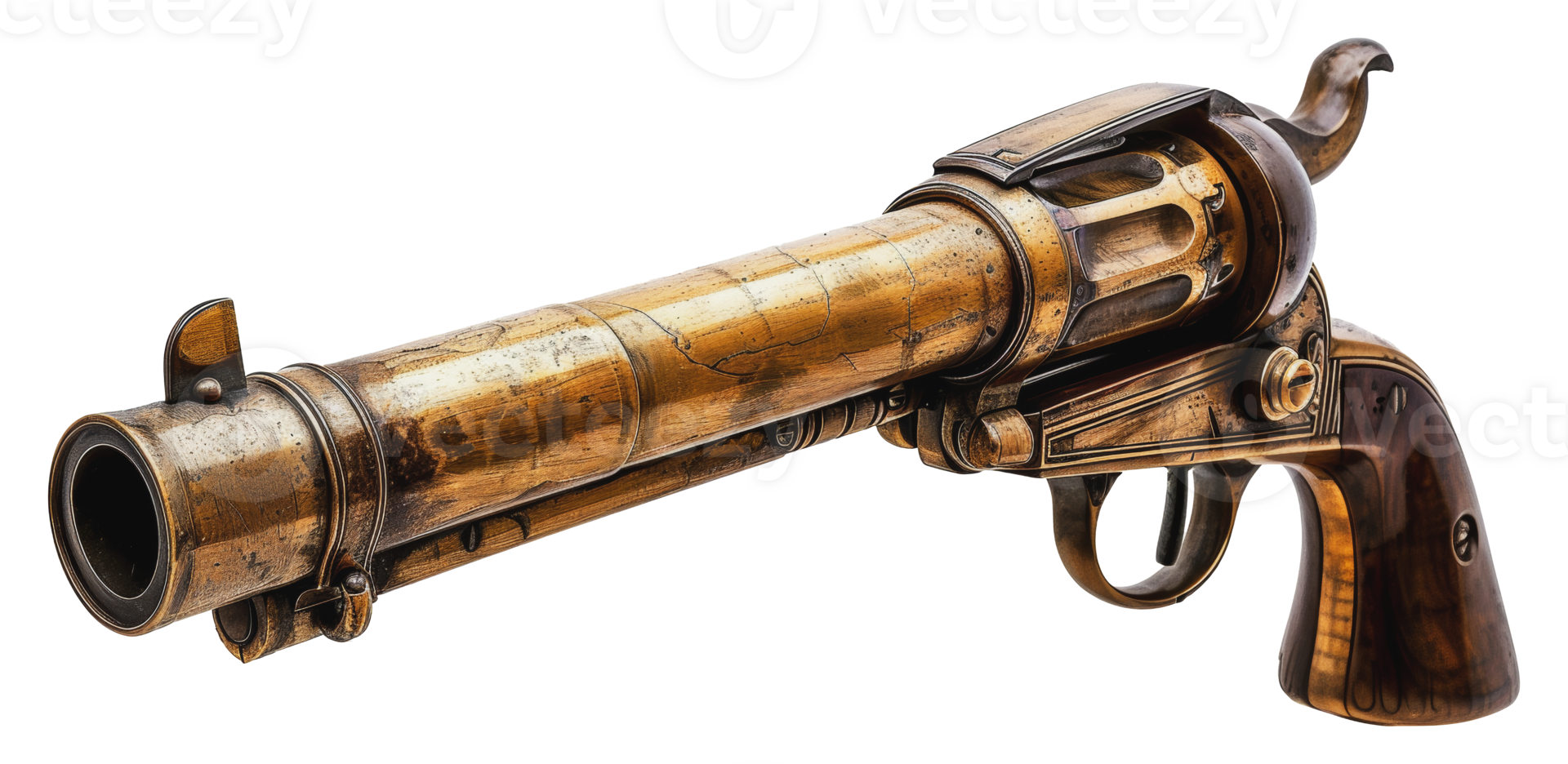 Antique brass revolver with long barrel and intricate detailing, cut out - stock png. png