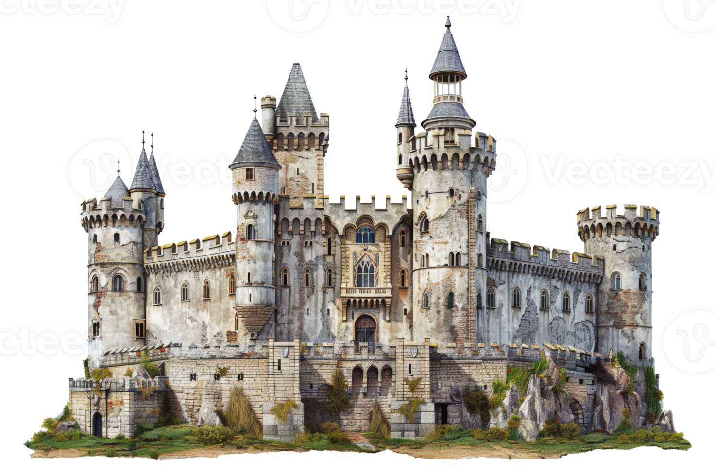 European castle in ruins with stone walls and tall towers, cut out - stock png. png