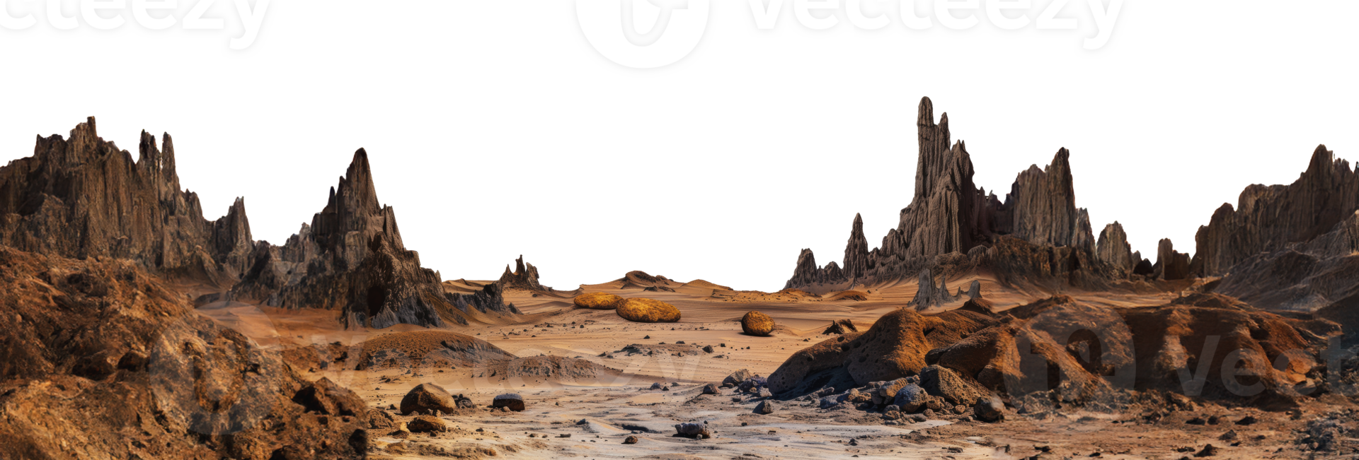 .Martian desert landscape with rock formations, cut out - stock png. png