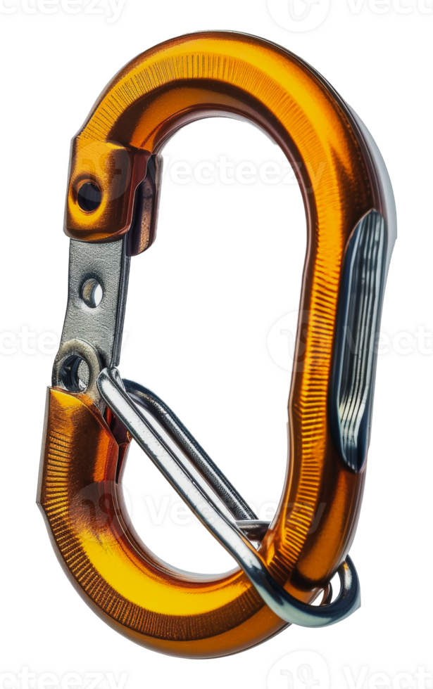 Orange aluminum carabiner with silver gate, cut out - stock png. png