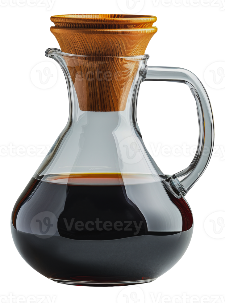 Clear glass carafe with wooden filter and dark liquid, cut out - stock png. png