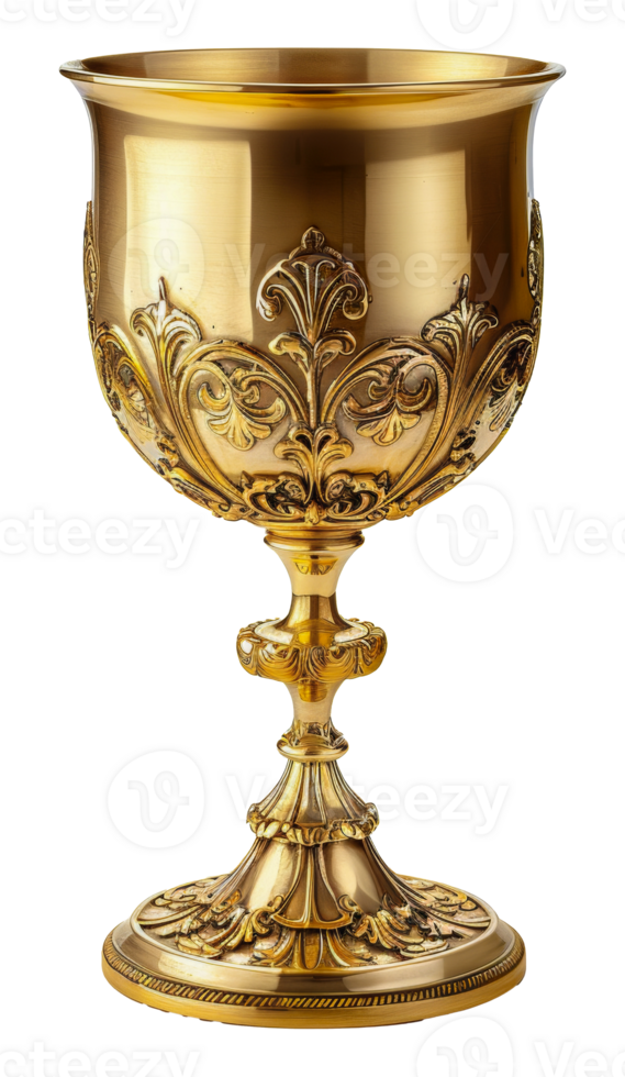 Ornate gold chalice with intricate floral design, cut out - stock png. png