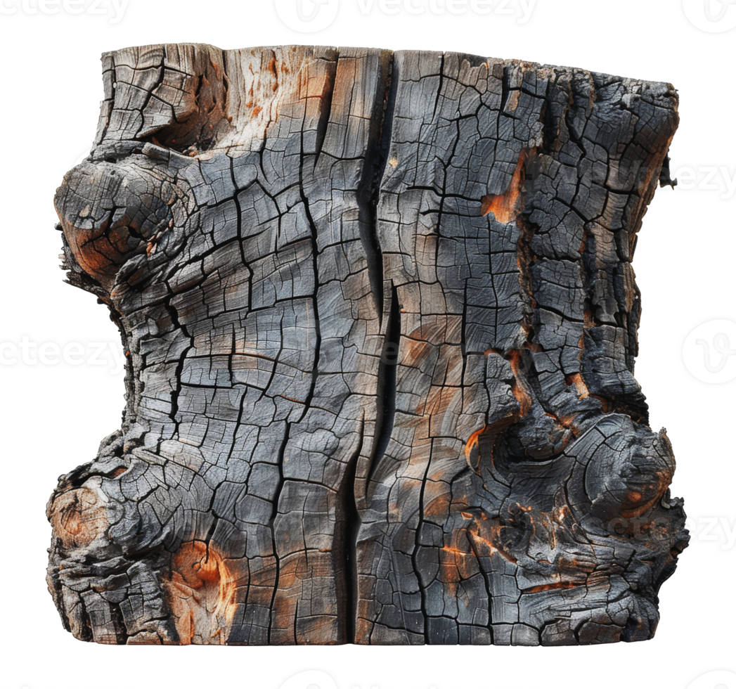 Close-up of a charred tree trunk, cut out - stock png. png