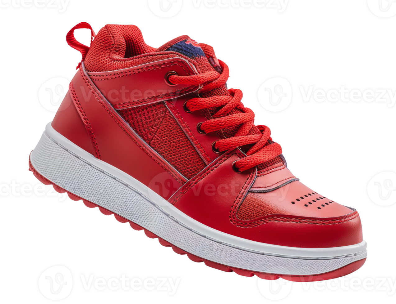 Red leather childrens basketball sneakers with white sole, cut out - stock png. png