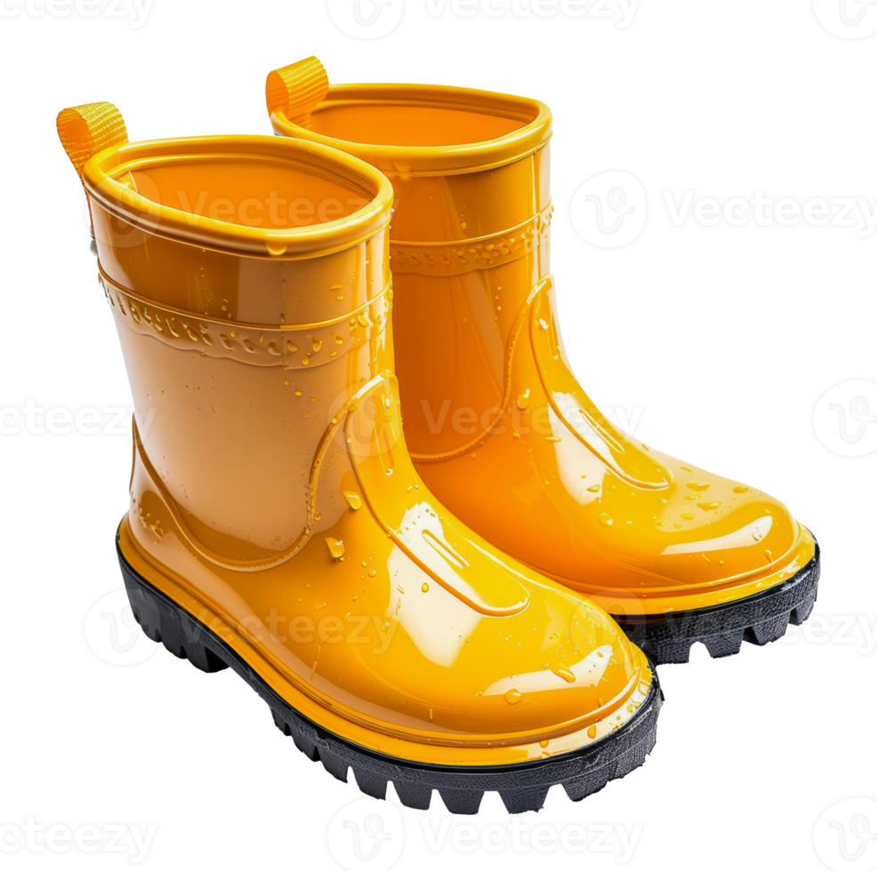 Pair of bright yellow childrens rain boots, cut out - stock png. png
