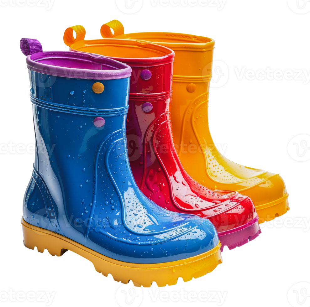 Three colorful rain boots for children, cut out - stock png. png