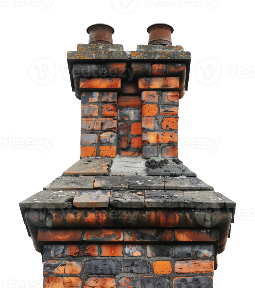Weathered brick chimney stack with two metal caps, cut out - stock png. png