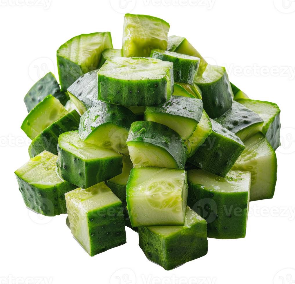 Freshly chopped green cucumber cubes, cut out - stock png. png