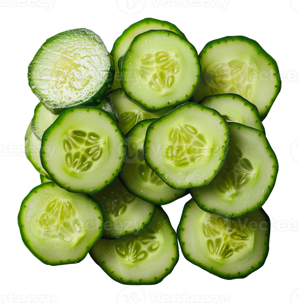 Freshly sliced cucumber rounds, cut out - stock png. png