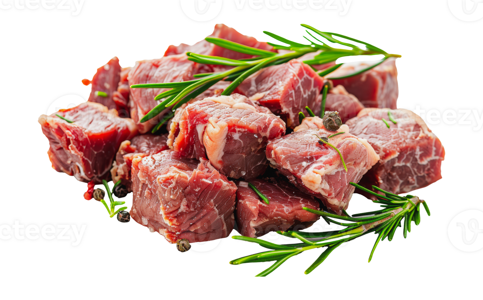 Fresh lamb meat cubes with rosemary and peppercorns, cut out - stock png. png