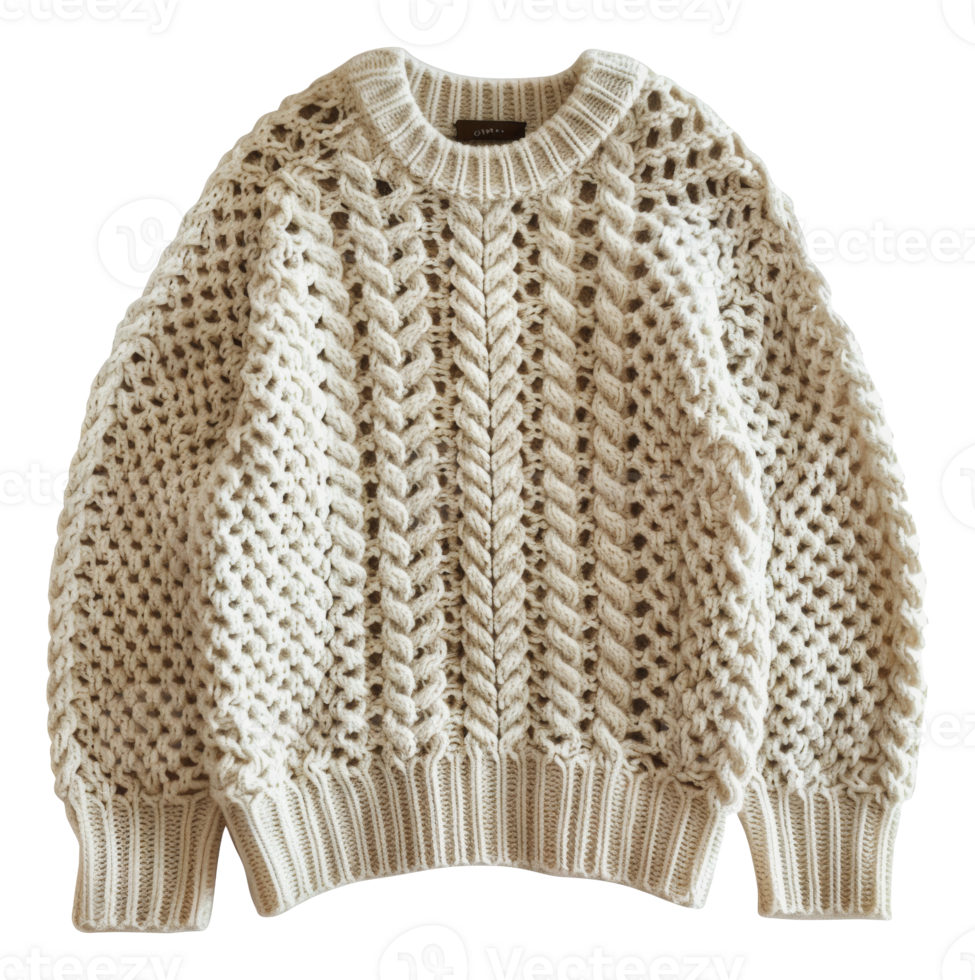Cream chunky knit sweater with intricate cable stitch pattern, cut out - stock png. png