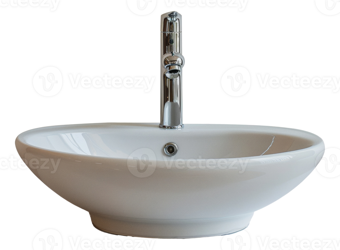 Clean white oval wash basin with chrome faucet, cut out - stock png. png