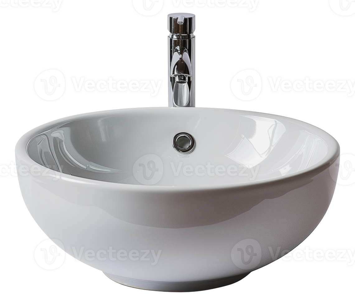 White ceramic bathroom sink with chrome faucet, cut out - stock png. png