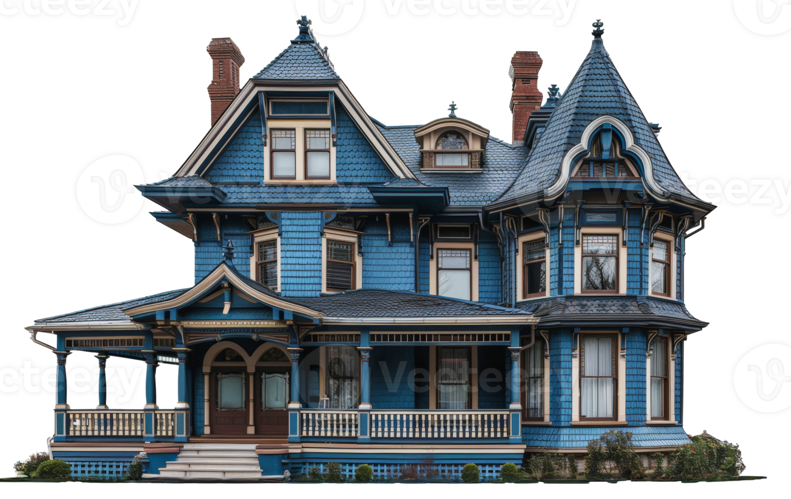Classic blue victorian house with front porch and detailed facade, cut out - stock png. png