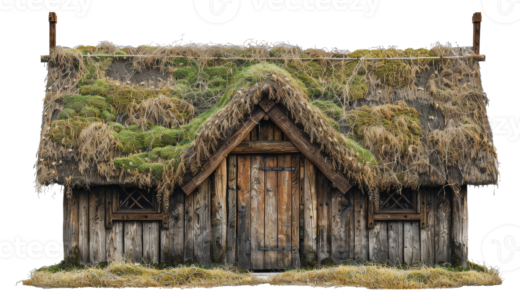 Traditional viking longhouse with grass roof, cut out - stock png. png