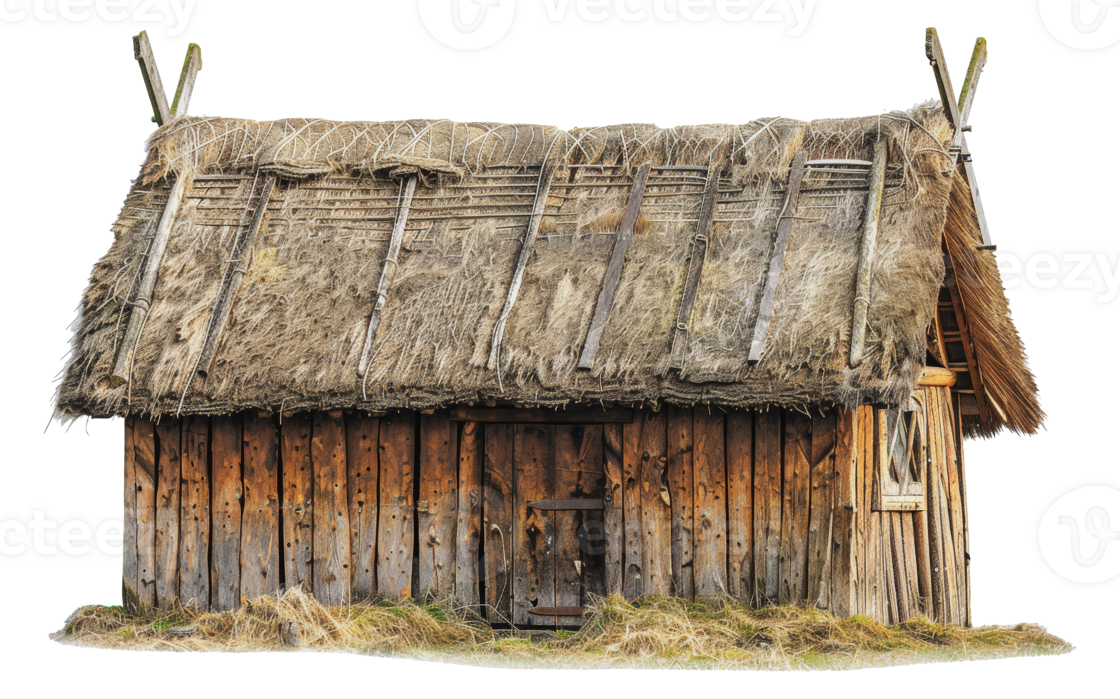 Rustic wooden longhouse with thatched roof, cut out - stock png. png