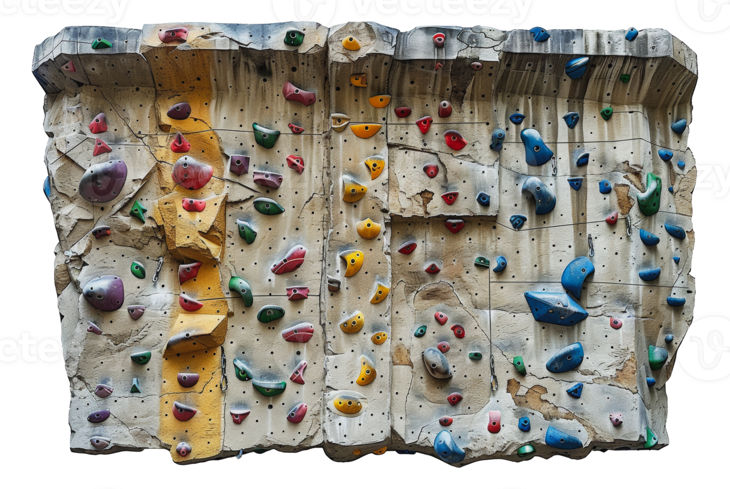 Indoor climbing wall with colorful holds and yellow stripe, cut out - stock png. png