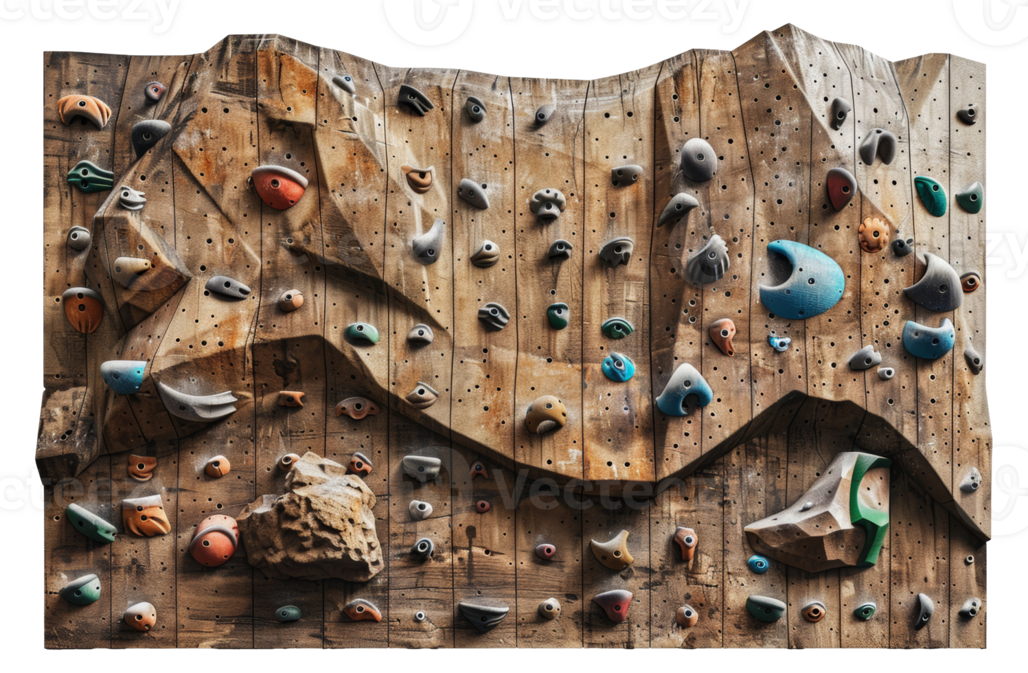 Wooden indoor climbing wall with colorful holds, cut out - stock png. png