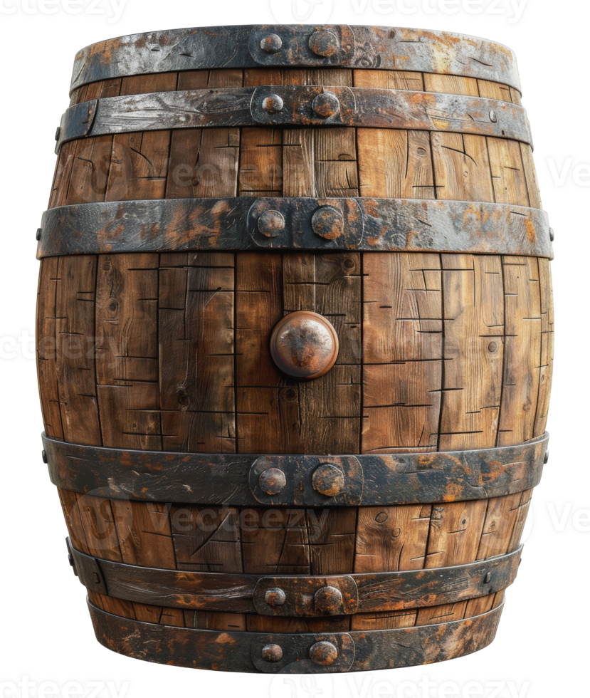 A close-up view of a weathered wooden barrel with metal bands, cut out - stock png. png