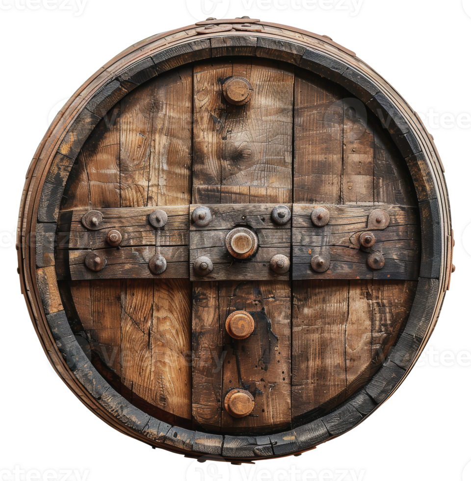 Close-up of a vintage wooden barrel head with metal fasteners, cut out - stock png. png
