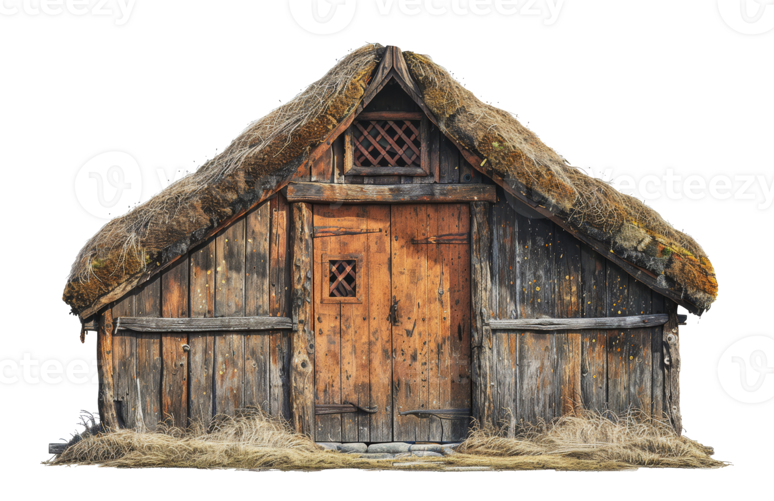 Isolated rustic viking longhouse with grass roof and wooden door, cut out - stock png. png