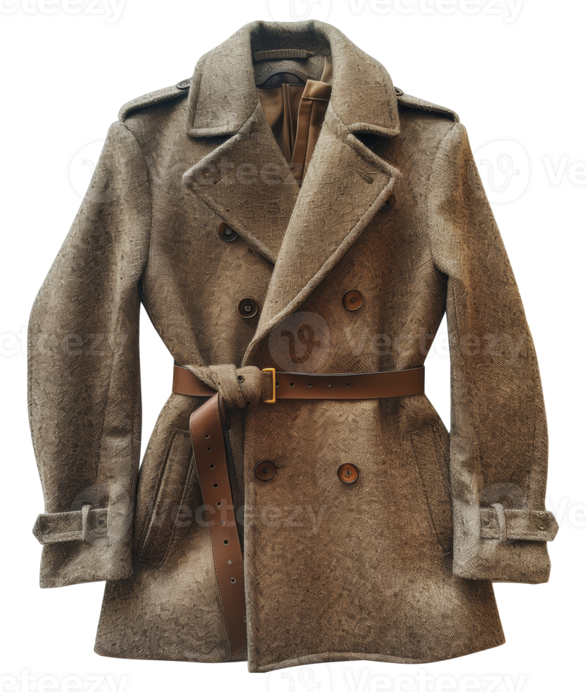 Brown wool double breasted coat with belt and button details, cut out - stock png. png