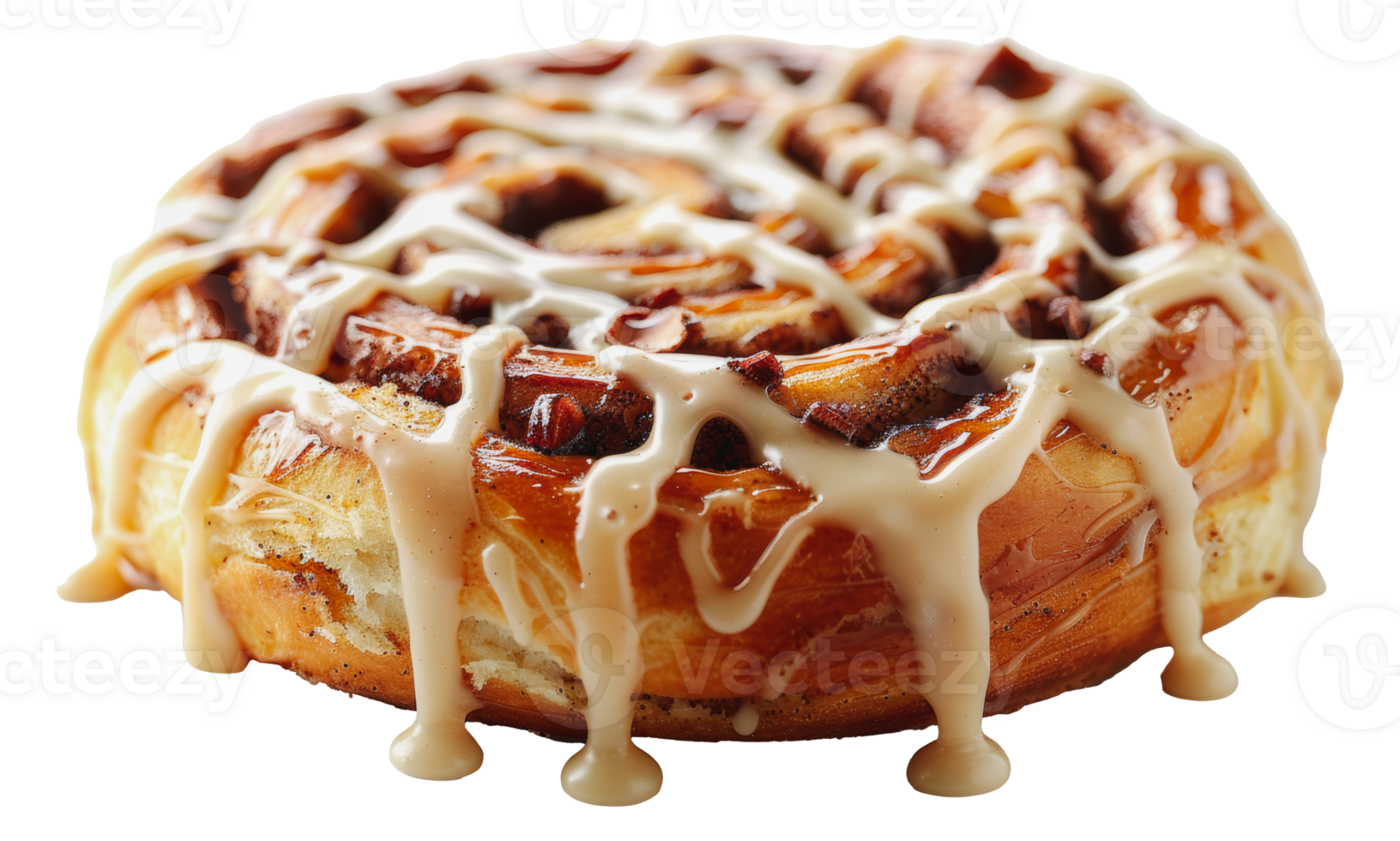 Freshly baked cinnamon roll with dripping icing, cut out - stock png. png