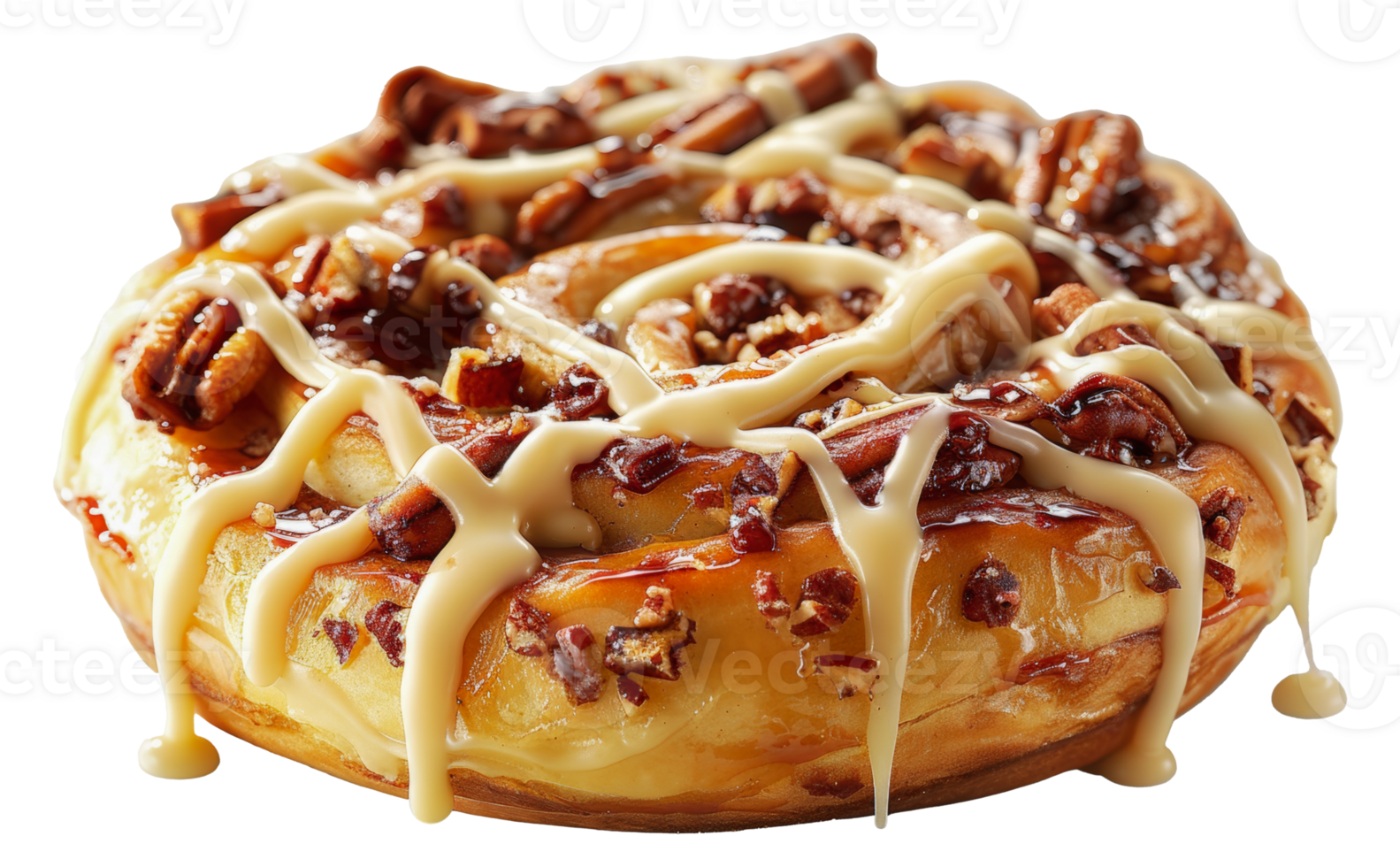 Freshly baked pecan cinnamon roll with dripping icing, cut out - stock png. png