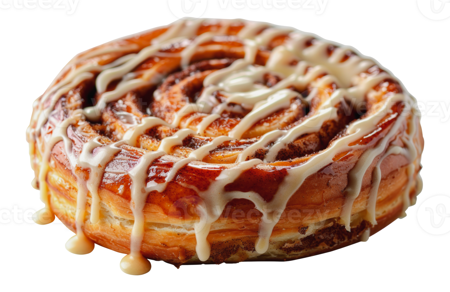 Freshly baked cinnamon roll with dripping icing, cut out - stock png. png