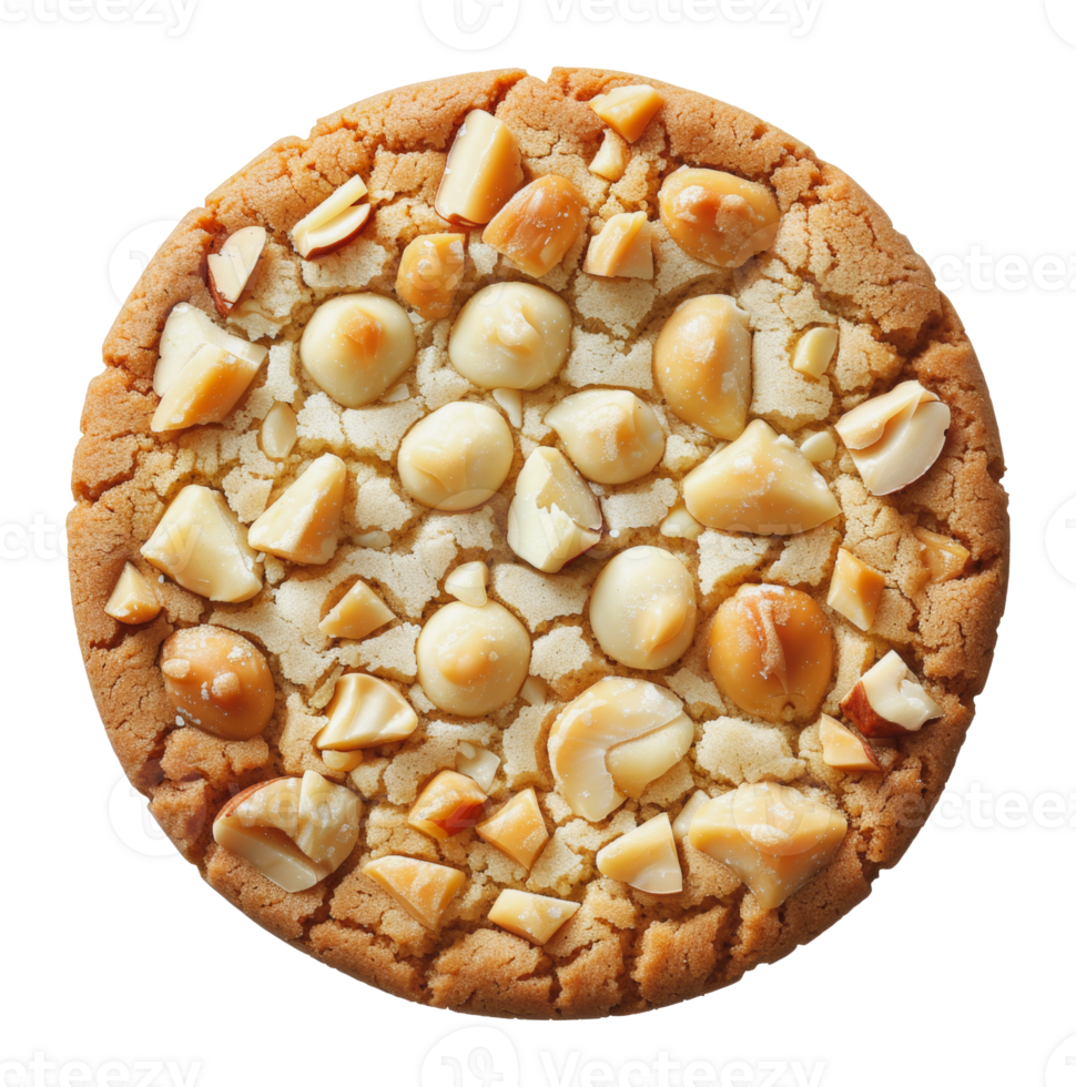 Close-up of a single white chocolate macadamia nut cookie, cut out - stock png. png
