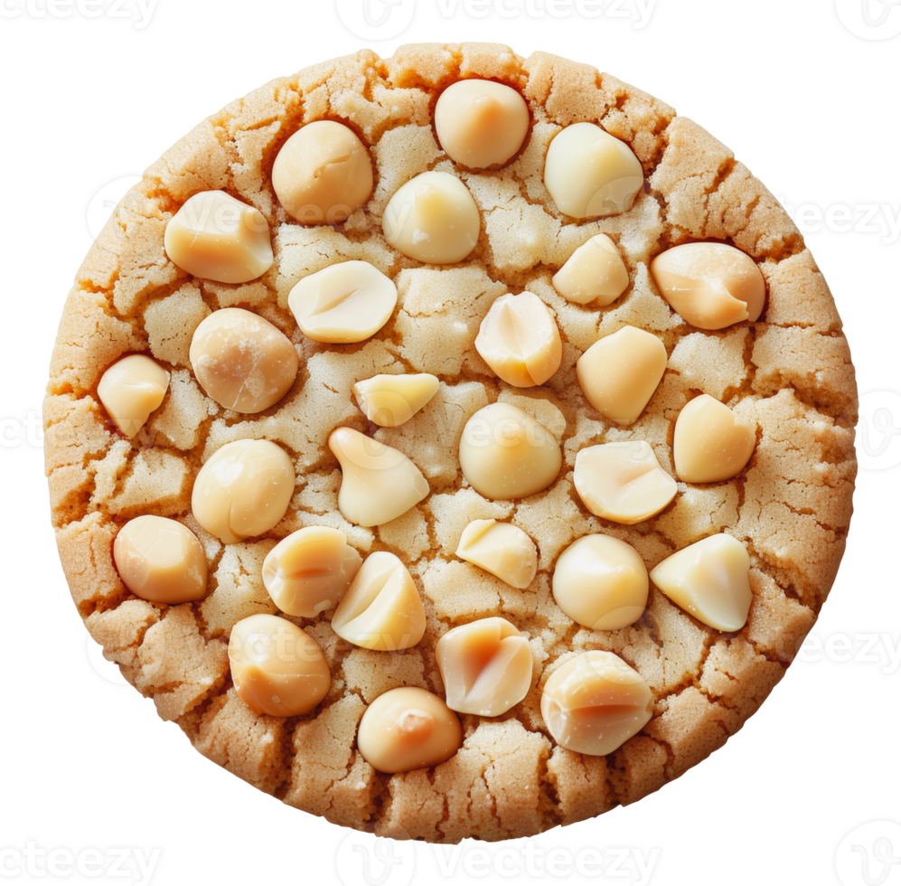 Closeup of a single, round, white chocolate macadamia nut cookie, cut out - stock png. png
