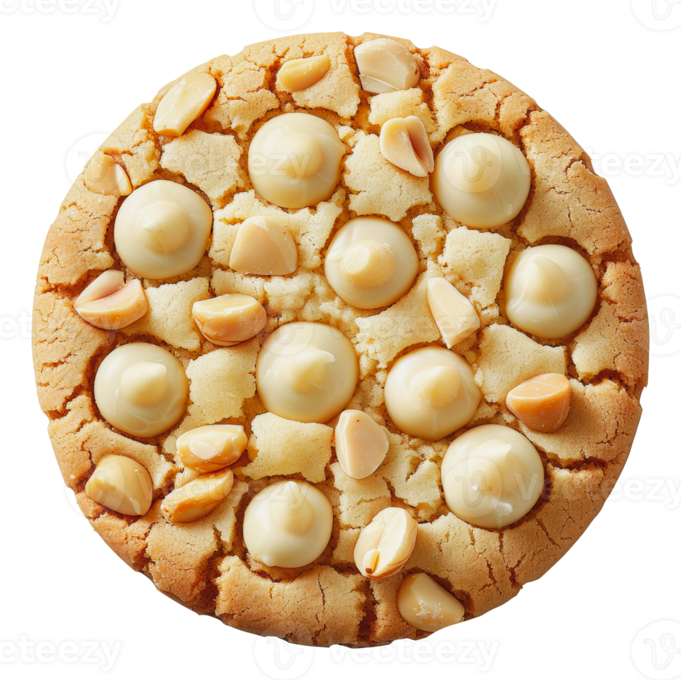 Close-up of a round white chocolate macadamia nut cookie, cut out - stock png. png