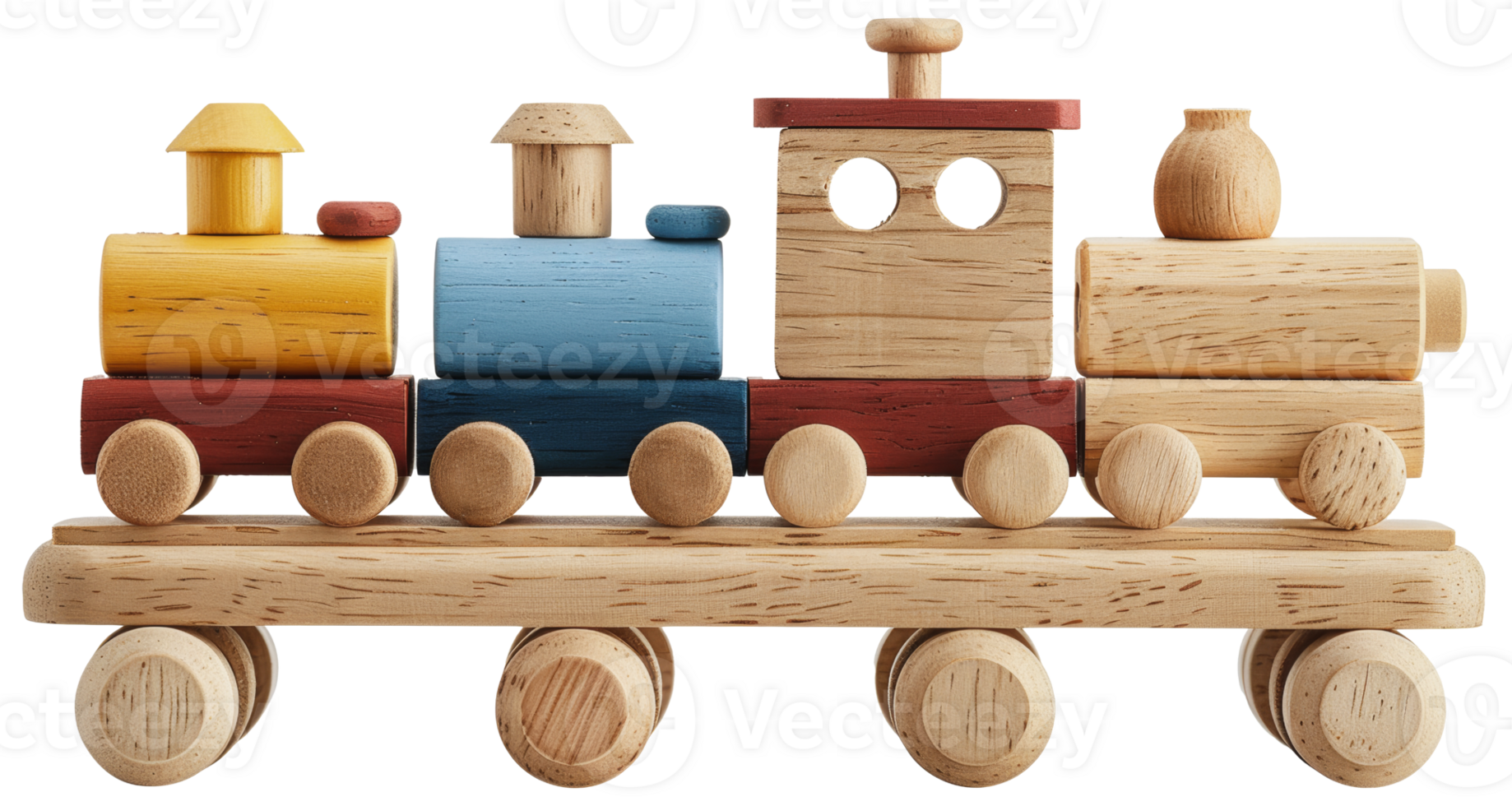 Colorful wooden toy train with multiple cars and wheels, cut out - stock png. png