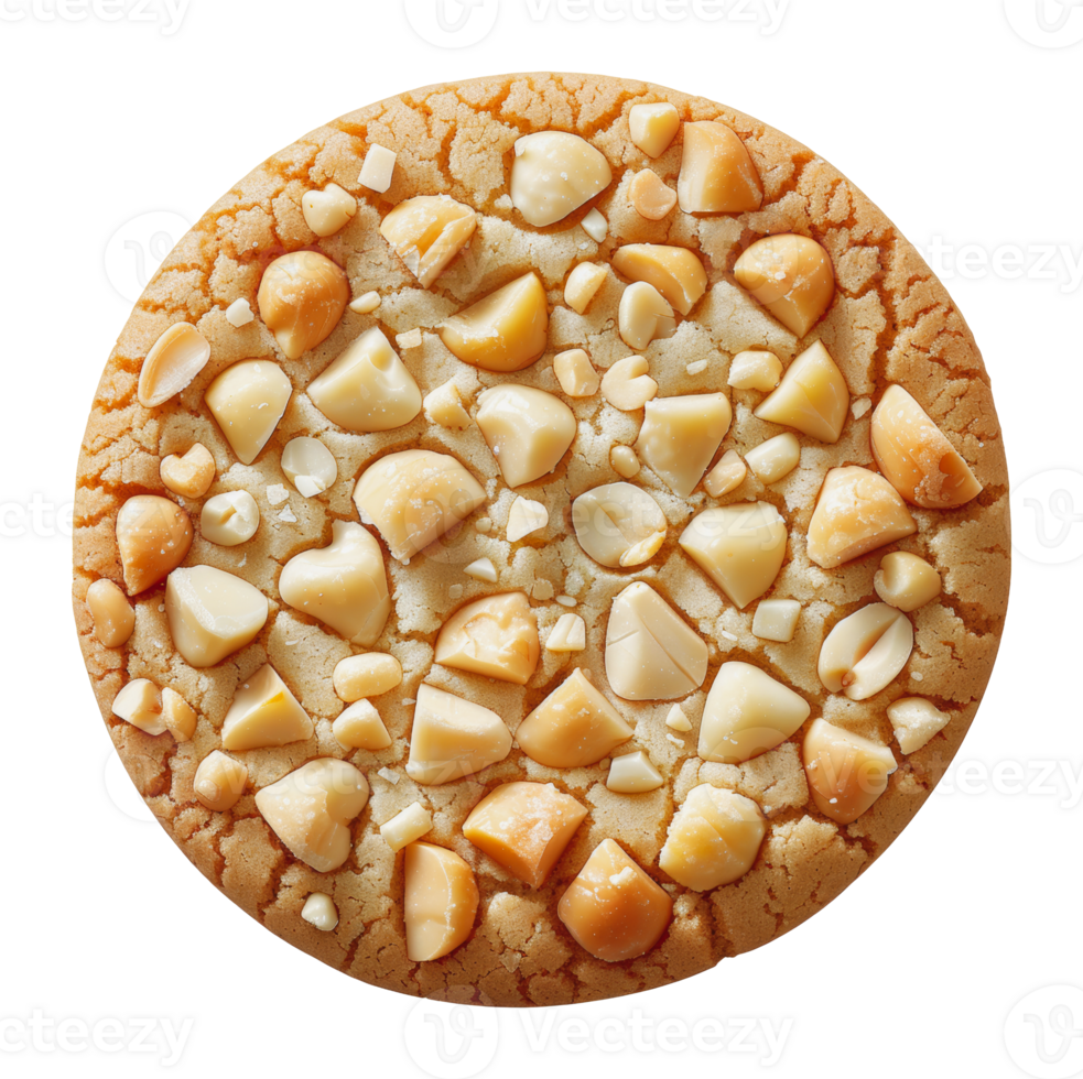 Close-up of a single white chocolate macadamia nut cookie, cut out - stock png. png